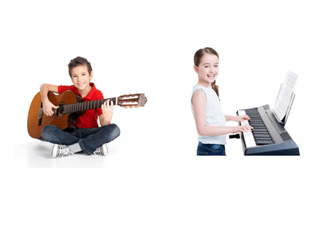 Boy guitar lesson and girl piano lesson