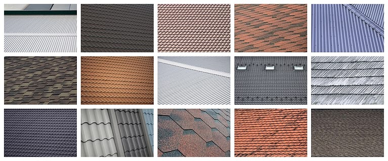 roofing-material types: asphalt-metal-wood-rubber-slate-tile